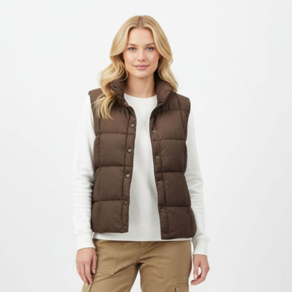 Land’s End Women's Brown Down Filled Sleeveless Snap Close Vest M